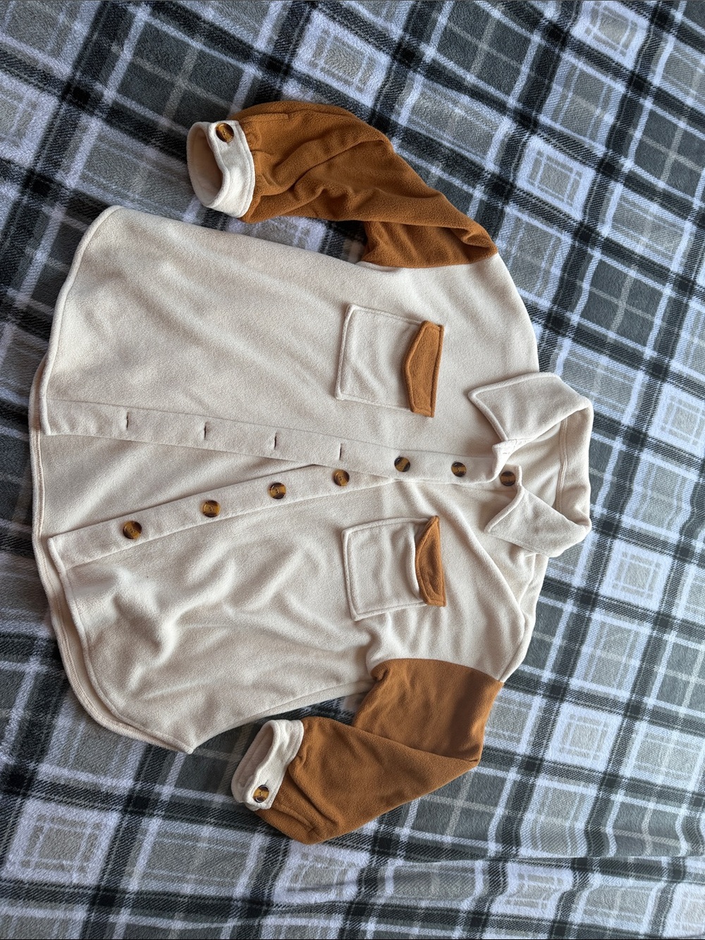 Cream and Tan Button-Up Shacket with Contrast Sleeves